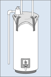 Illustration showing a water heater with insulation on the top and cut to fit around the piping. The cuts have been taped closed, and the corners of the insulation have been folded down and taped to the sides of the tank.
